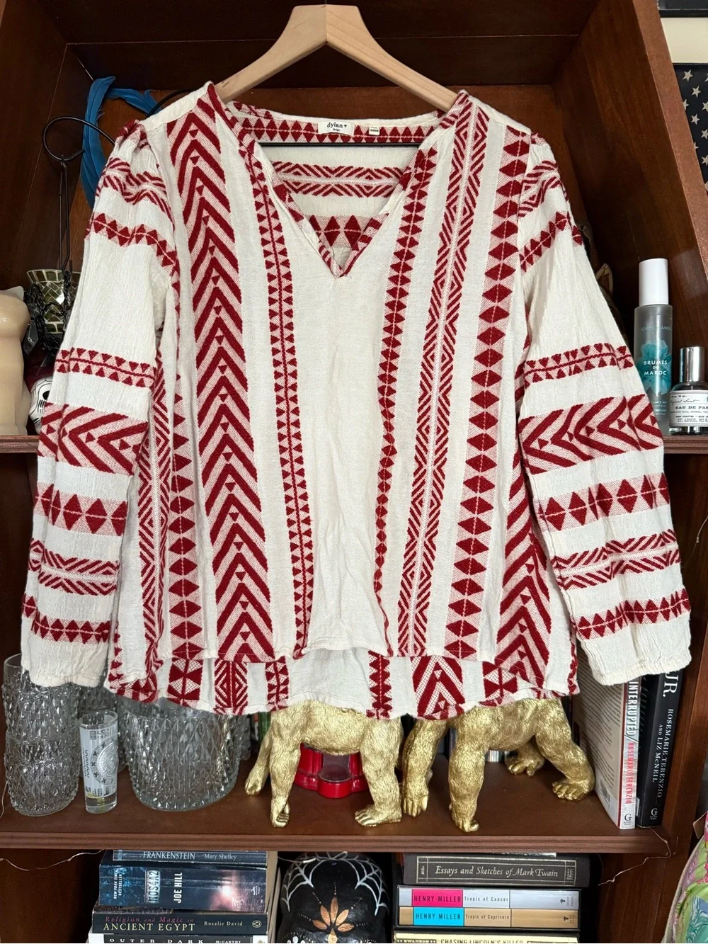 dylan - Embroidered Boho Tunic Top - Red / White - Women’s Large
